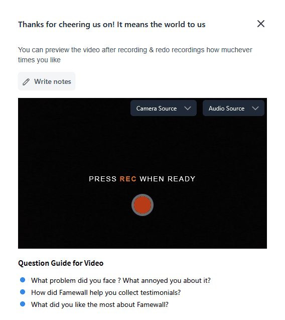 Famewall video testimonial collector with question guide below the recorder