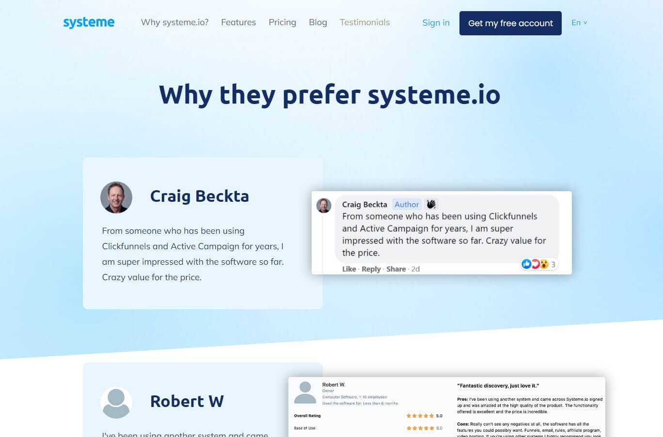 Systeme.io testimonial page