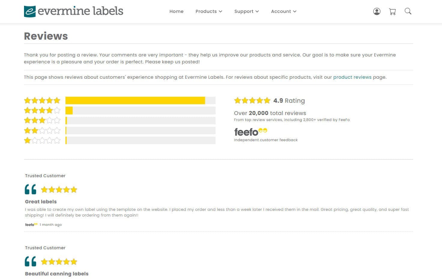 Customer Reviews Page from Evermine Labels