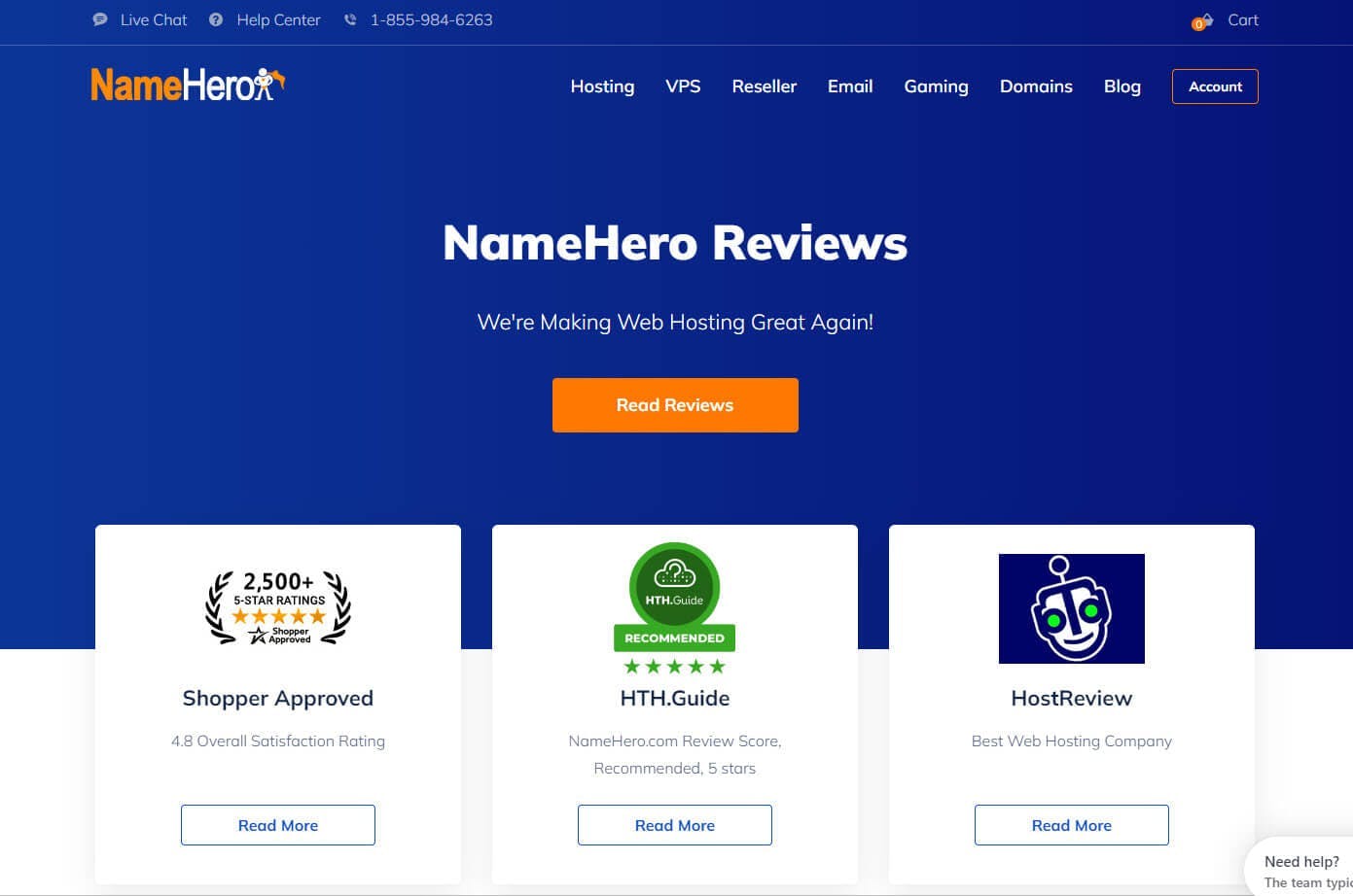 Reviews page example from NameHero