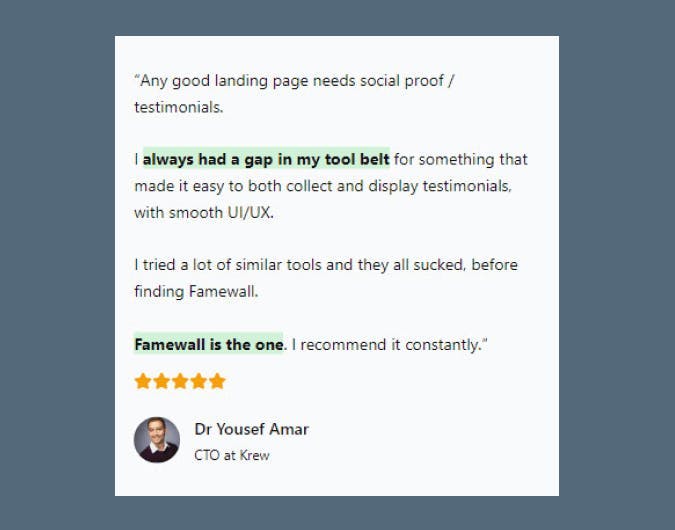 Testimonial example from Yousef Amar