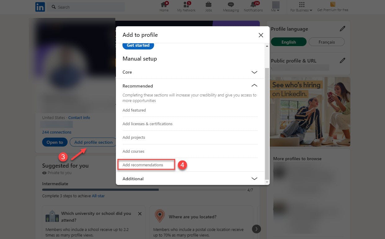 Go to the add profile section and click add recommendations