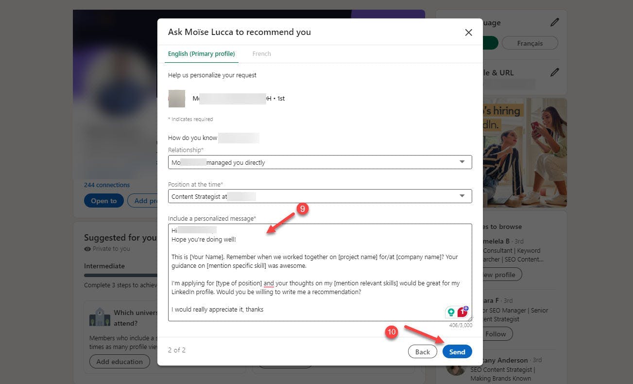 Personalize your message to request a recomendation on LinkedIn