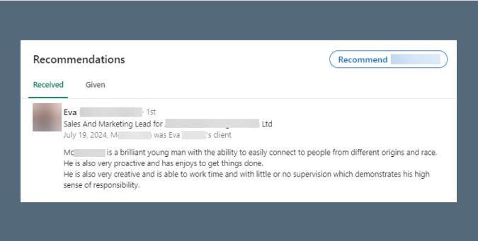 Example of a LinkedIn Recommendation