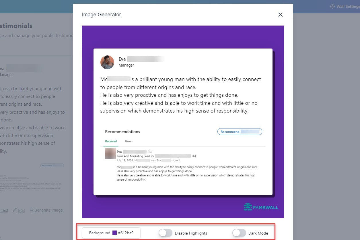 Customize the testimonial image on Famewall