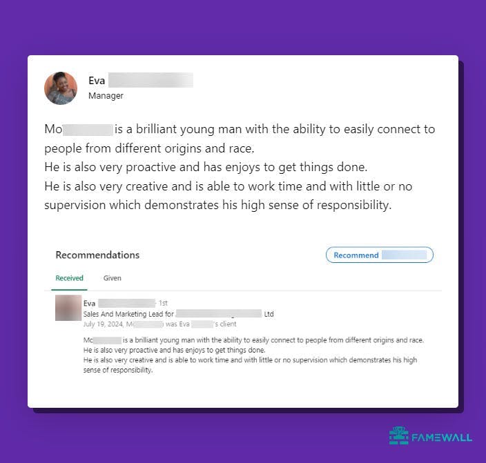 LinkedIn recommendation created and edited in Famewall