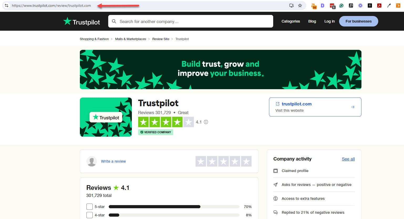 Go to the Turstpilot profile and copy the profile link