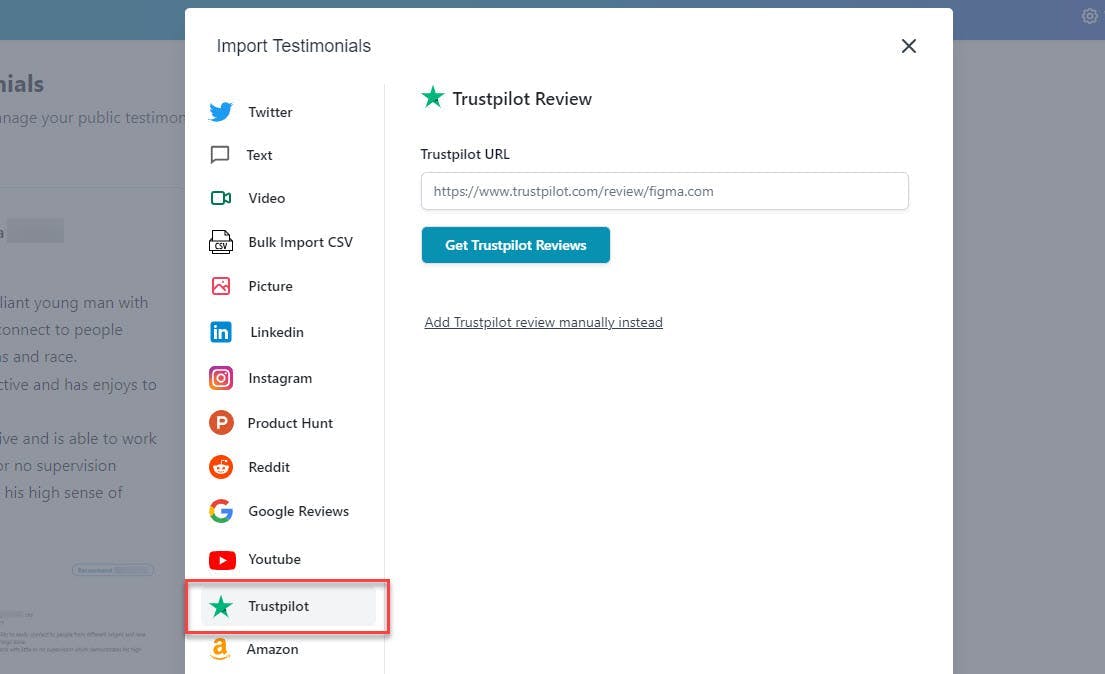 Choose Trustpilot as the source of testimonials