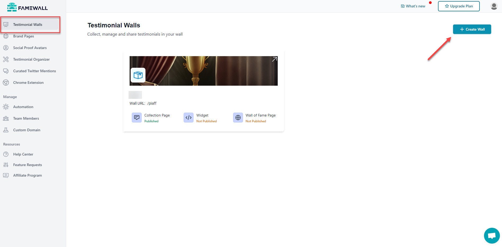 Access Famewall dashboard and click Create Wall