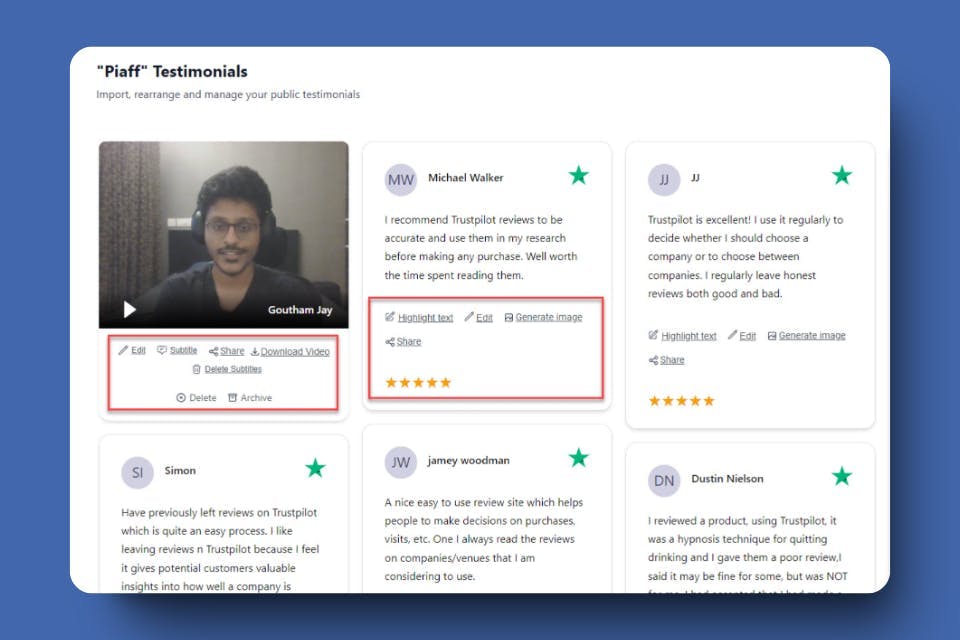 Customer Reviews Editing Features on Famewall