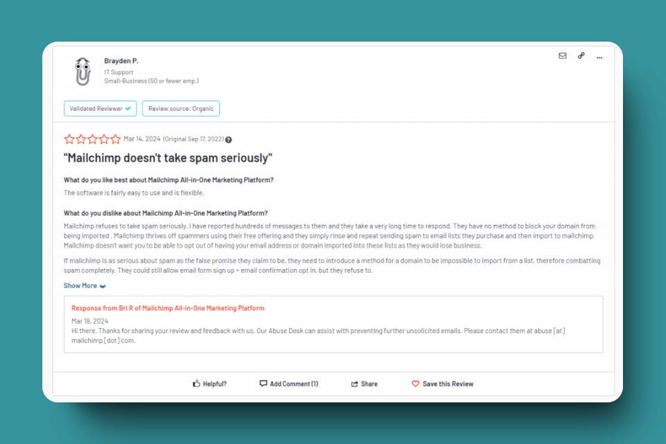 Negative review from a Mailchimp user on G2