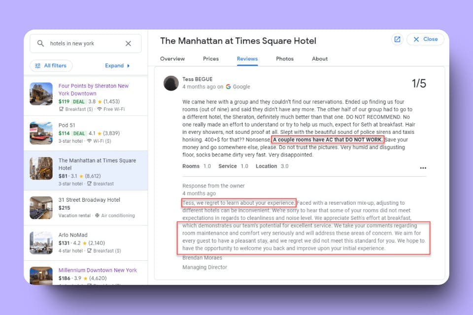 Negative Google review on The Manhattan at Times Square Hotel