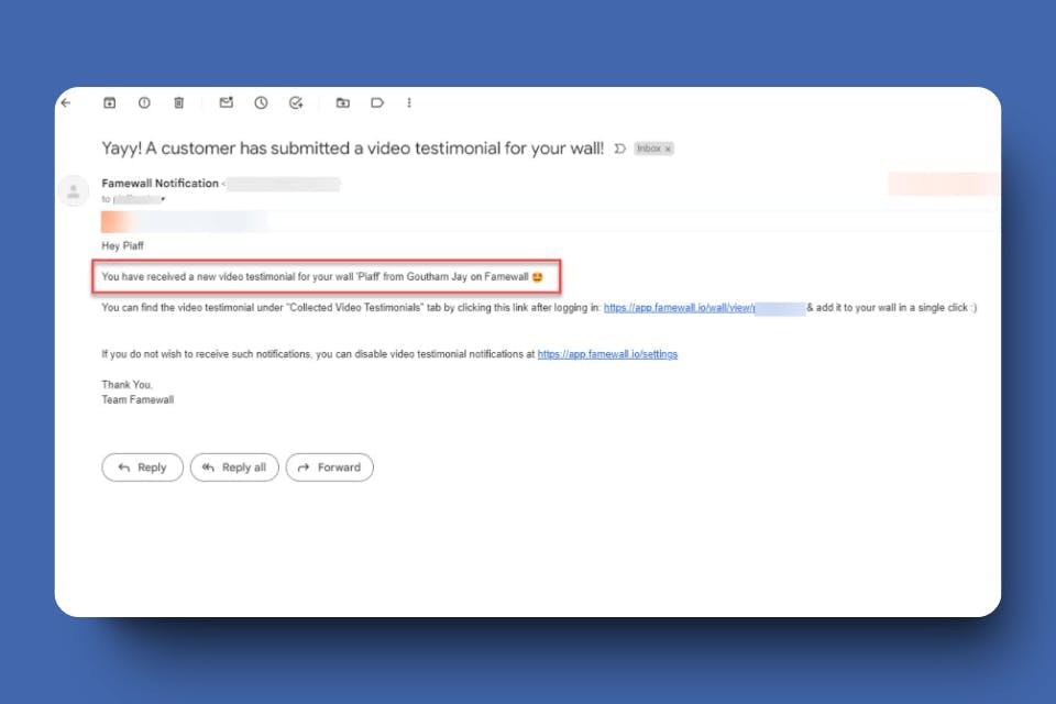 Customer review notification from Famewall