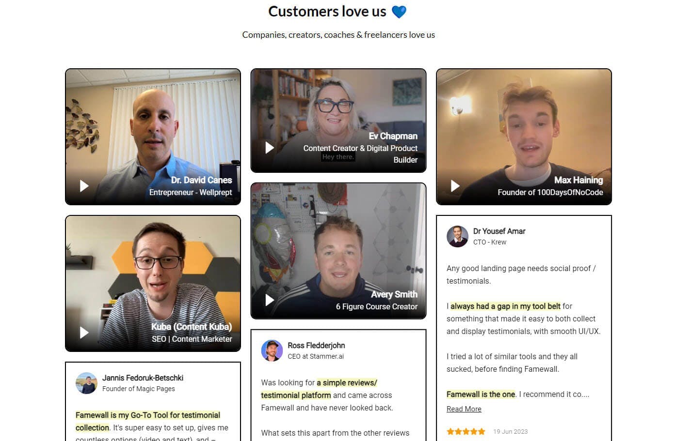 Famewall homepage showing text and video testimonials