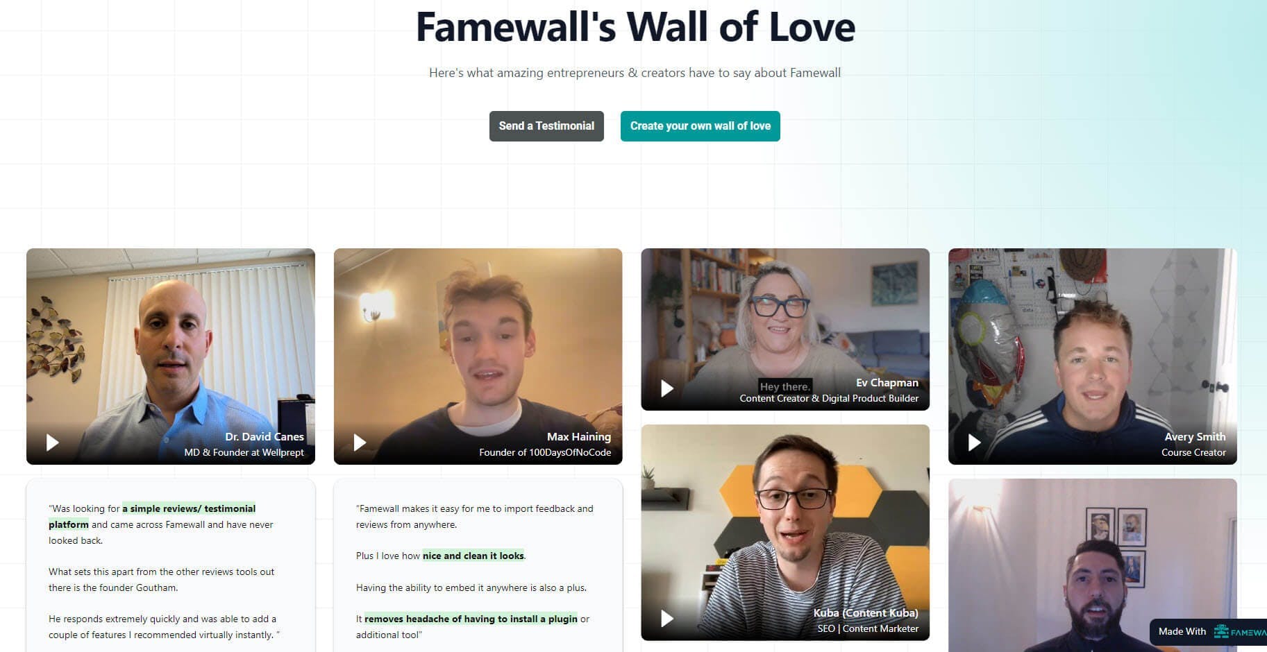 Famewall testimonial page