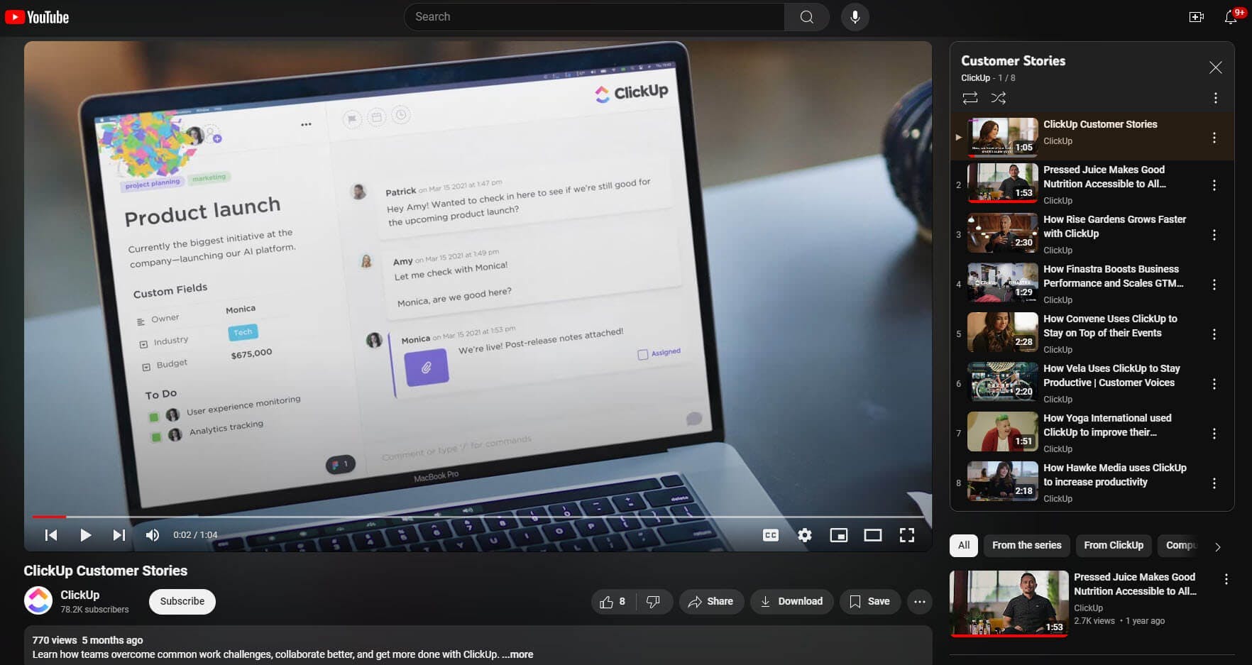 testimonial video on ClickUp_s YouTube channel
