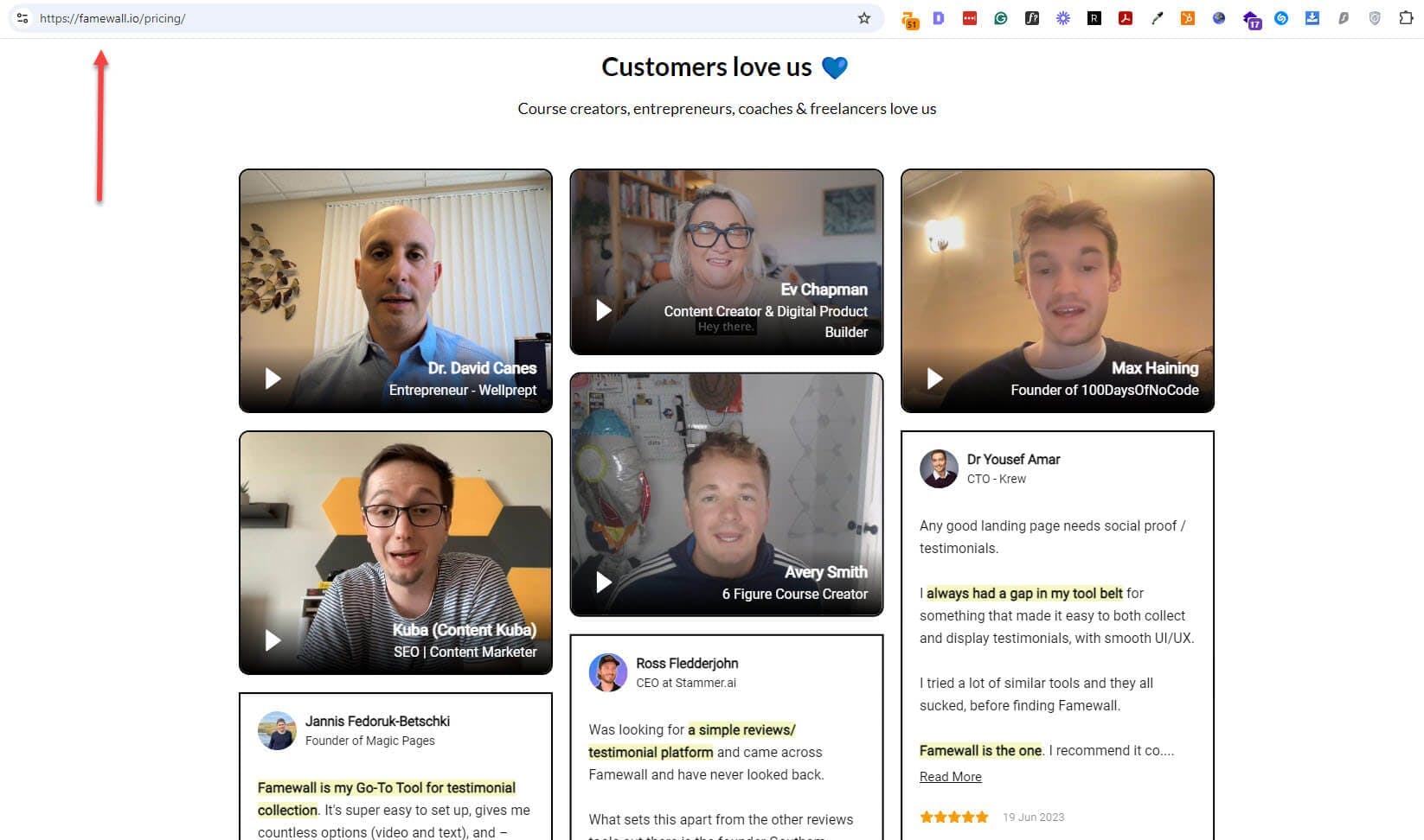 Video testimonials used on Famewall_s pricing page