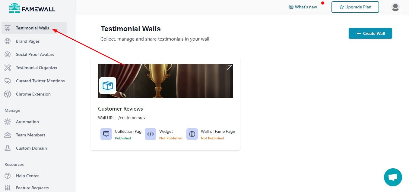 Dashboard to testimonial wall