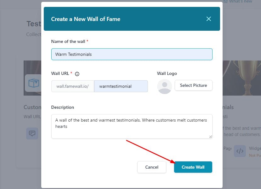 Name your testimonial wall in Famewall