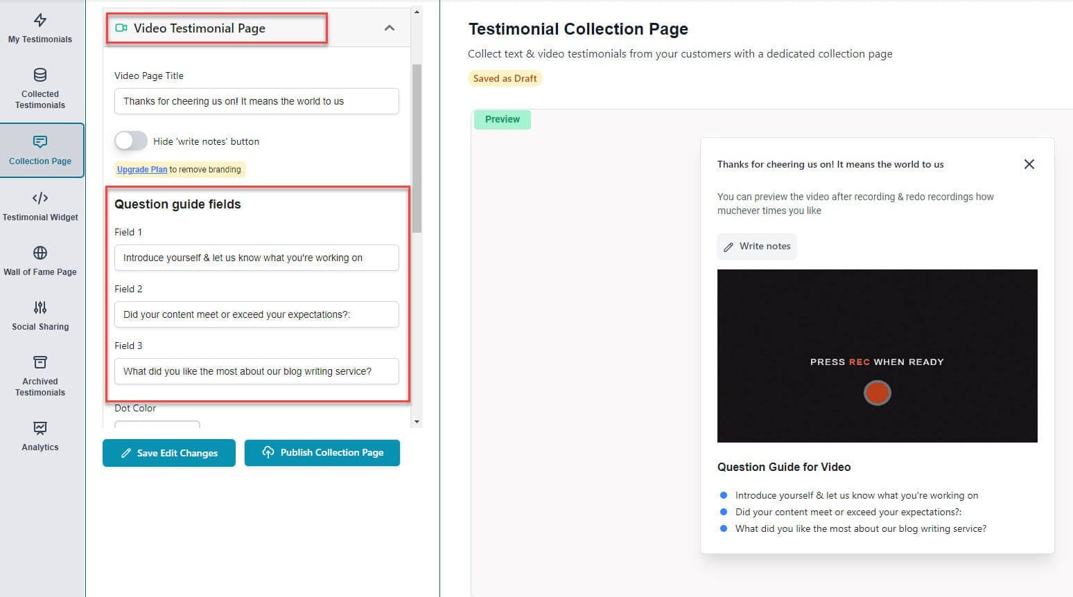 Add Video Testimonial Script Examples in Famewall