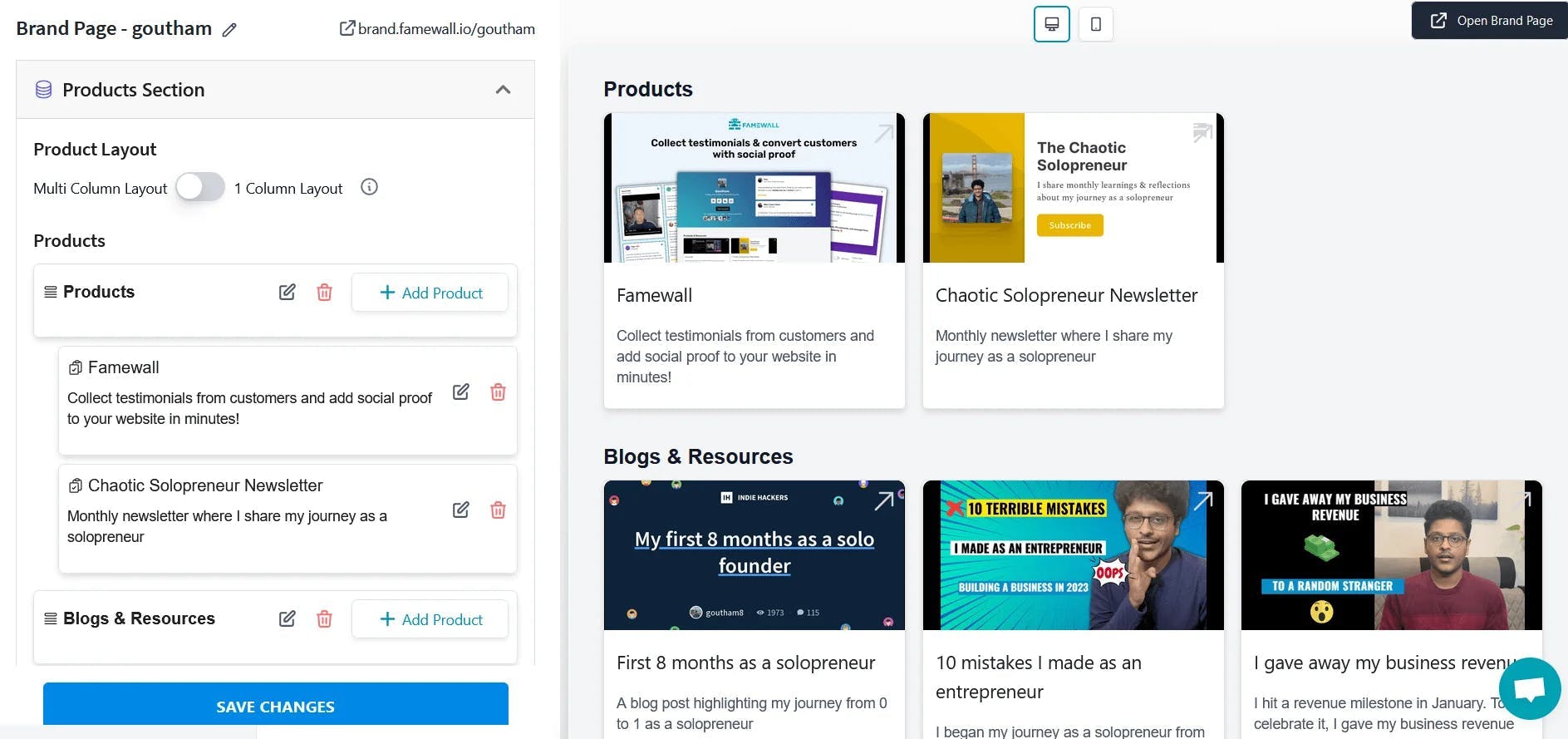 Products Section on Famewall Brand Pages