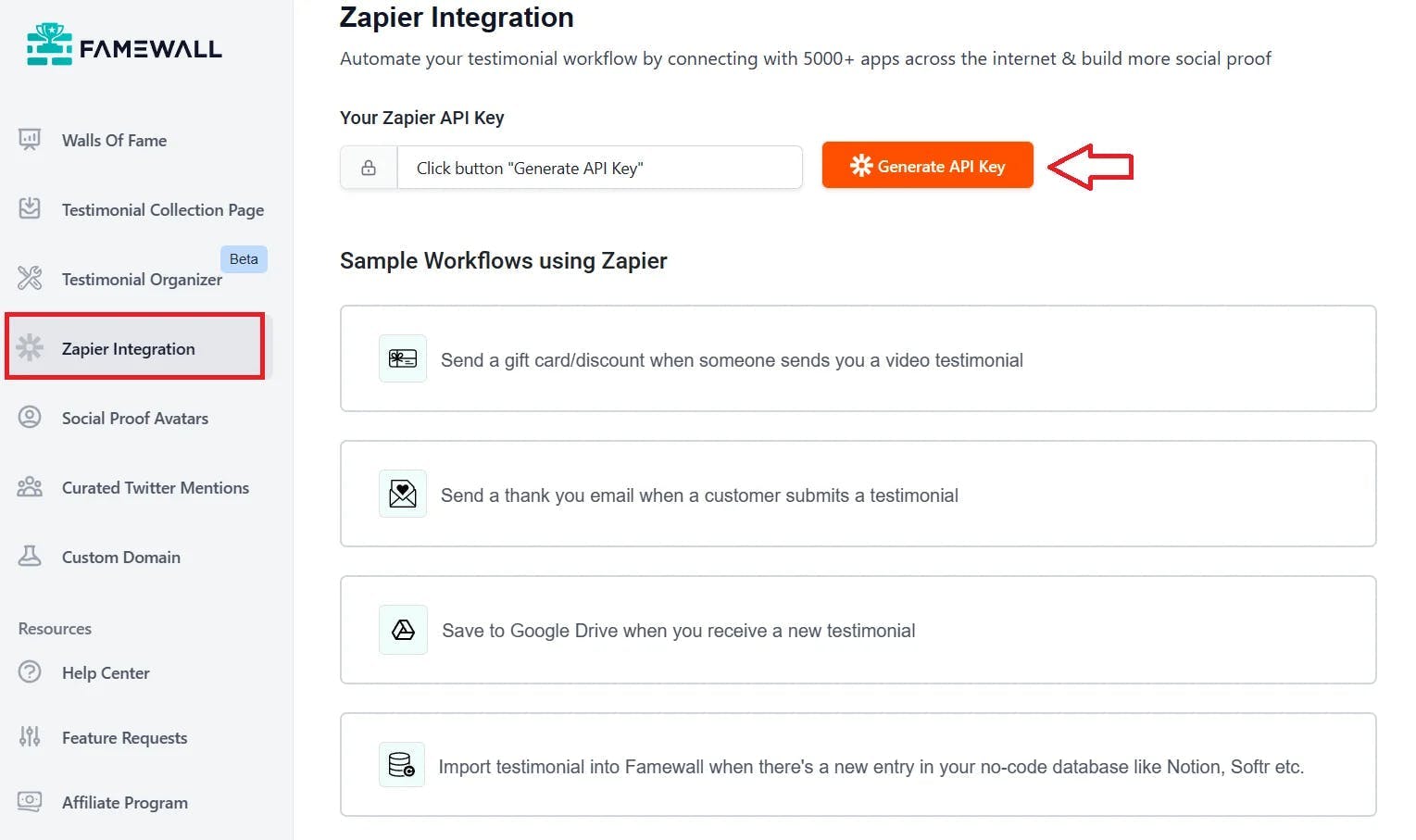 Zapier Integration Tab on Famewall