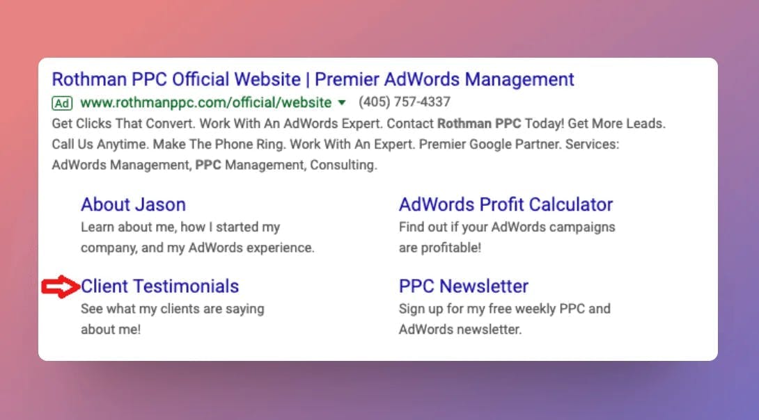Google Ads with Testimonial in Site Link