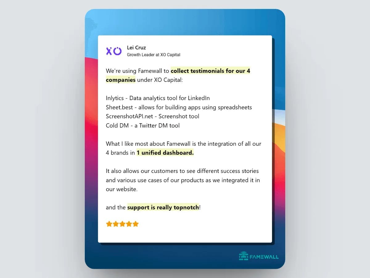 Famewall Product Testimonial Template (Image generated by Famewall)