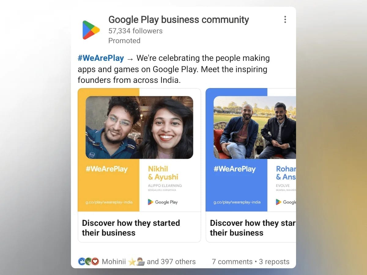 Multiple success stories from Playstore as a Linkedin Ad