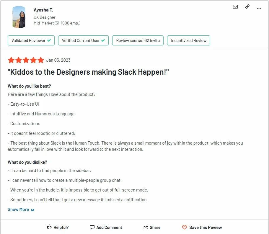 Sample Review submitted by a customer about Slack