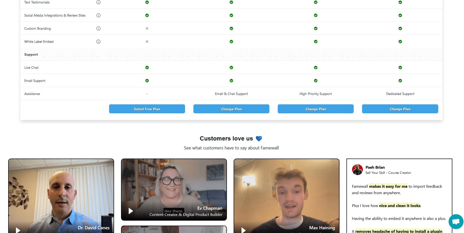 Famewall's Pricing Page testimonials