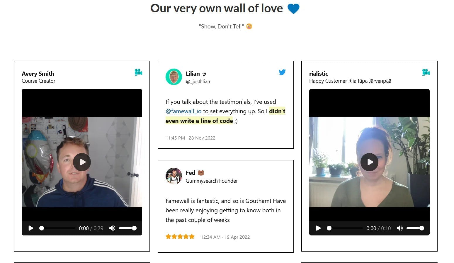 Famewall's Wall of Love on the website