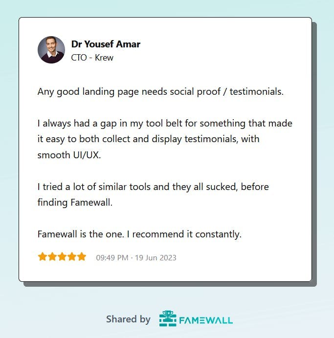 Text Testimonial from a customer of Famewall