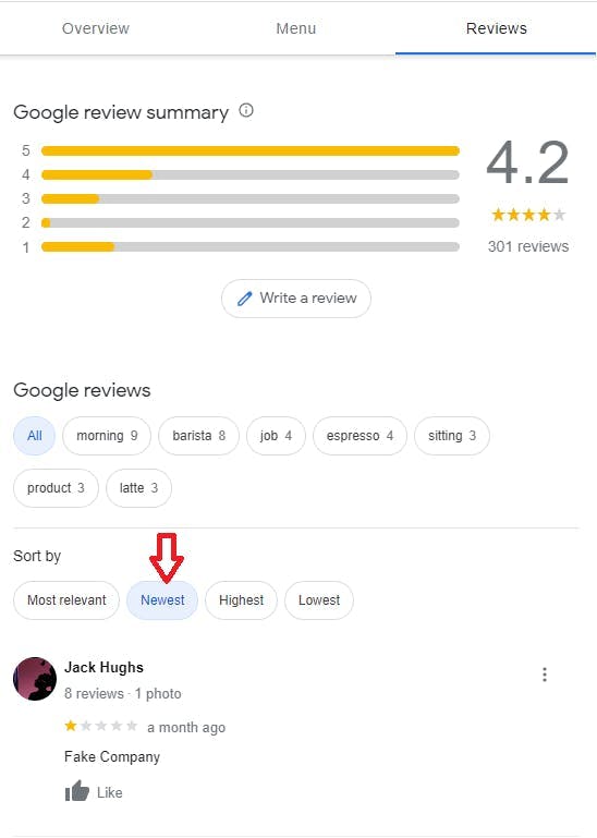 Negative review shows up on top